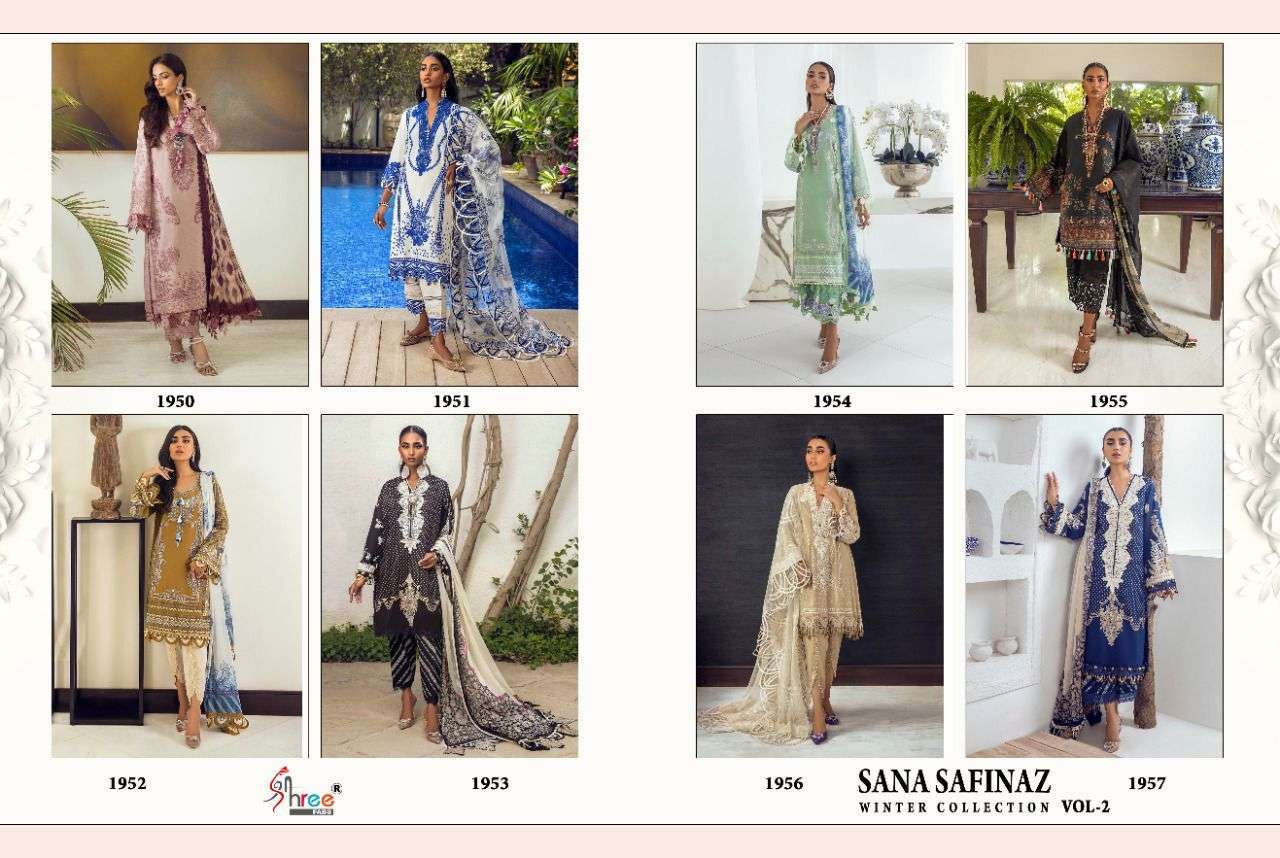 SANA SAFINAZ WINTER COLLECTION VOL-2 BY SHREE FABS 1950 TO 1957 SERIES PAKISTANI STYLISH BEAUTIFUL COLOURFUL PRINTED & EMBROIDERED PARTY WEAR & OCCASIONAL WEAR PASHMINA PRINT EMBROIDERED DRESSES AT WHOLESALE PRICE