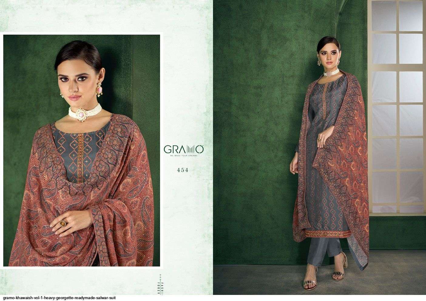 KHAWAISH BY GRAMO 451 TO 456 SERIES BEAUTIFUL SUITS COLORFUL STYLISH FANCY CASUAL WEAR & ETHNIC WEAR FANCY DRESSES AT WHOLESALE PRICE