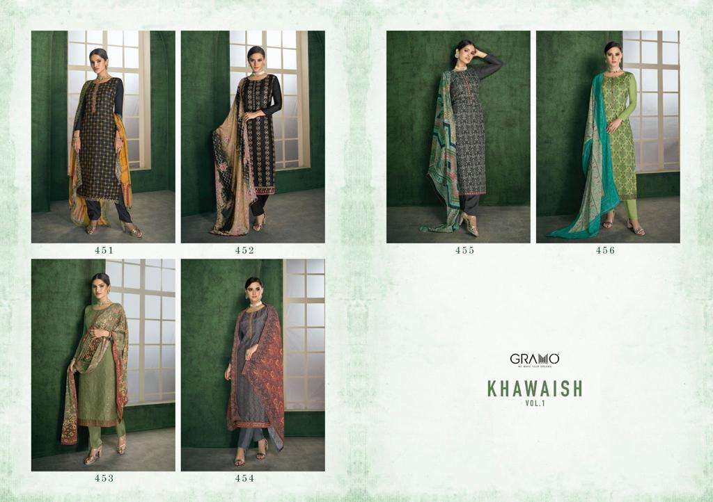 KHAWAISH BY GRAMO 451 TO 456 SERIES BEAUTIFUL SUITS COLORFUL STYLISH FANCY CASUAL WEAR & ETHNIC WEAR FANCY DRESSES AT WHOLESALE PRICE