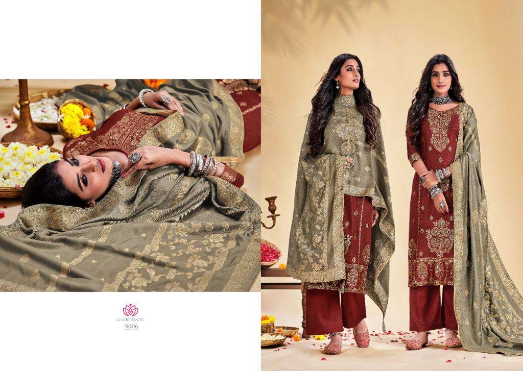 NIKHAR VOL-8 BY SHIVANG INTERNATIONAL 8001 TO 8008 SERIES BEAUTIFUL STYLISH SUITS FANCY COLORFUL CASUAL WEAR & ETHNIC WEAR & READY TO WEAR PASHMINA VISCOSE JACQUARD DRESSES AT WHOLESALE PRICE