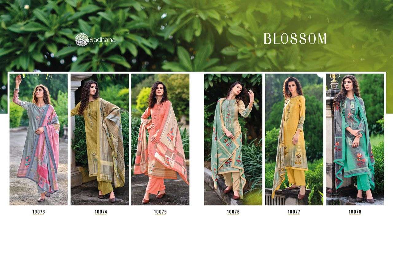 BLOSSOM BY SADHANA FASHION 10073 TO 10078 SERIES BEAUTIFUL STYLISH SUITS FANCY COLORFUL CASUAL WEAR & ETHNIC WEAR & READY TO WEAR PURE PASHMINA PRINTED DRESSES AT WHOLESALE PRICE