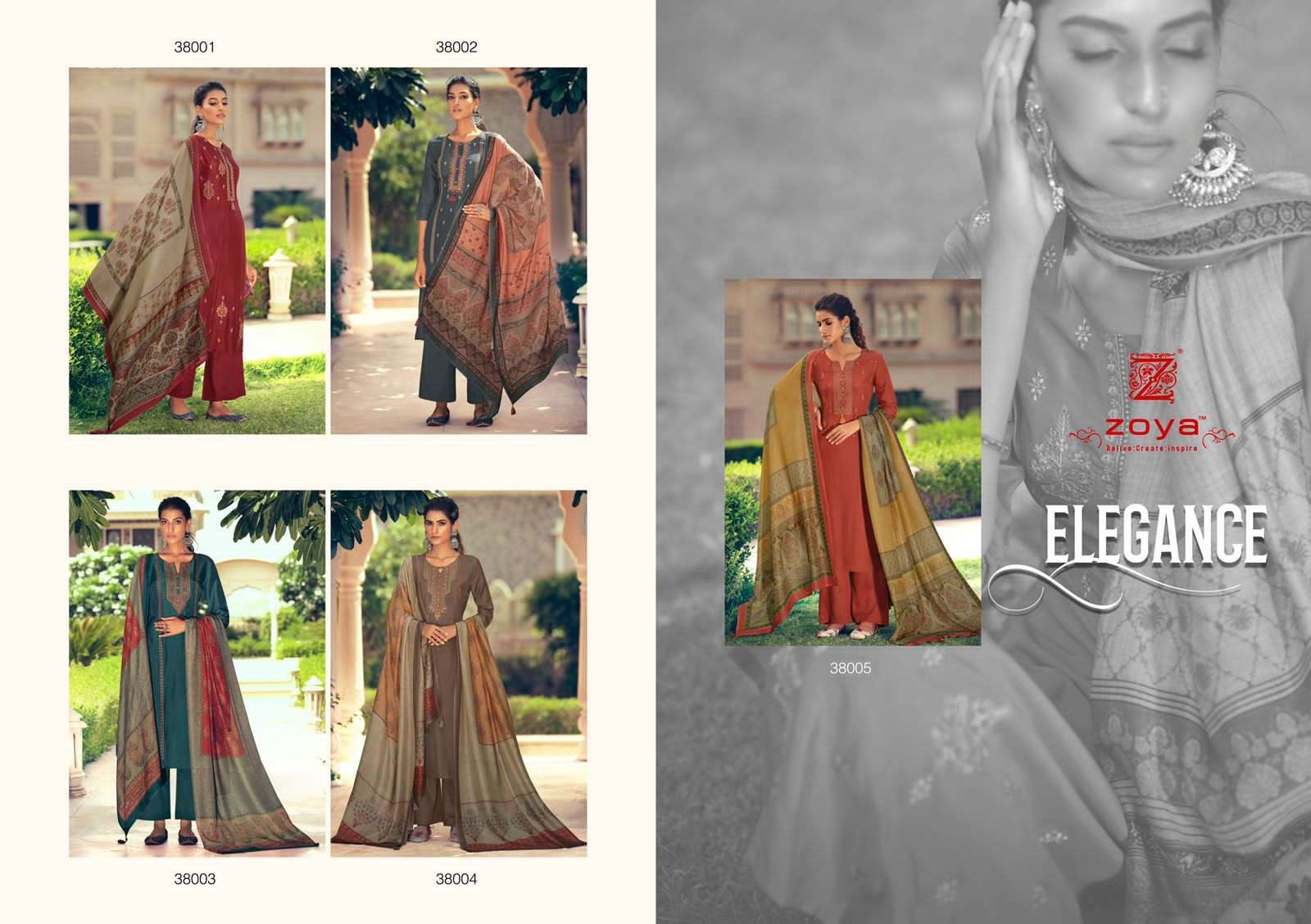 ELEGANCE VOL-2 BY ZOYA 38001 TO 38005 SERIES BEAUTIFUL SUITS COLORFUL STYLISH FANCY CASUAL WEAR & ETHNIC WEAR FANCY DRESSES AT WHOLESALE PRICE