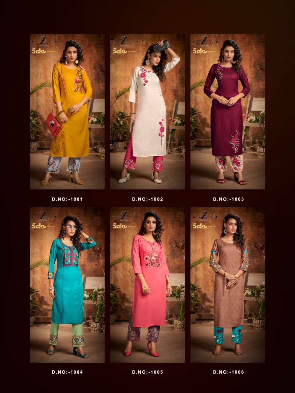 SOLO VOL-4 BY Z BLACK 1001 TO 1006 SERIES DESIGNER STYLISH FANCY COLORFUL BEAUTIFUL PARTY WEAR & ETHNIC WEAR COLLECTION RAYON EMBROIDERED KURTIS WITH BOTTOM AT WHOLESALE PRICE