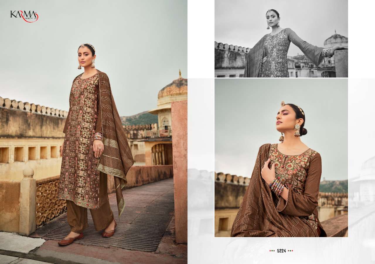 JASHNN VOL-4 BY KARMA TRENDZ 5220 TO 5226 SERIES BEAUTIFUL STYLISH SUITS FANCY COLORFUL CASUAL WEAR & ETHNIC WEAR & READY TO WEAR SILK JACQUARD DRESSES AT WHOLESALE PRICE
