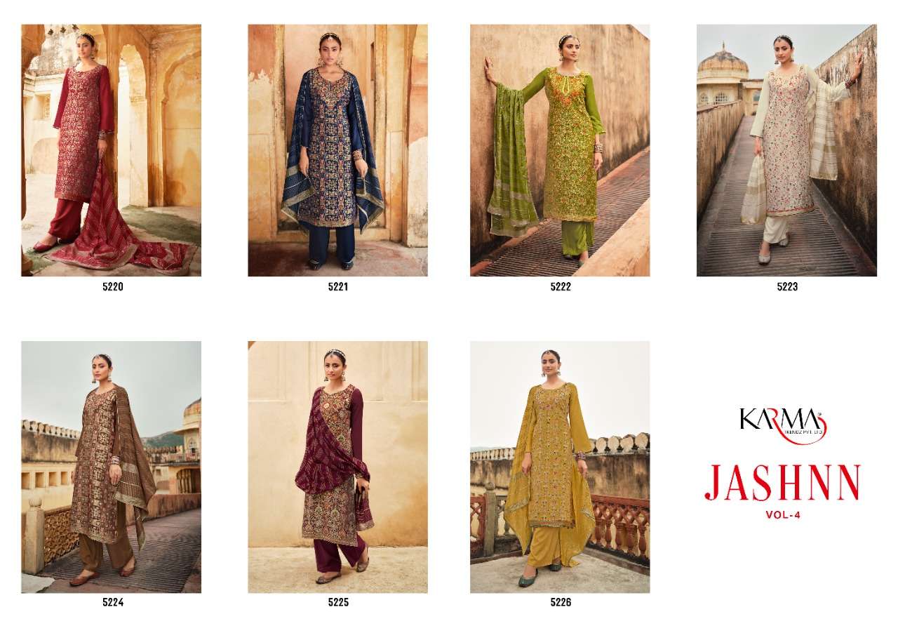 JASHNN VOL-4 BY KARMA TRENDZ 5220 TO 5226 SERIES BEAUTIFUL STYLISH SUITS FANCY COLORFUL CASUAL WEAR & ETHNIC WEAR & READY TO WEAR SILK JACQUARD DRESSES AT WHOLESALE PRICE