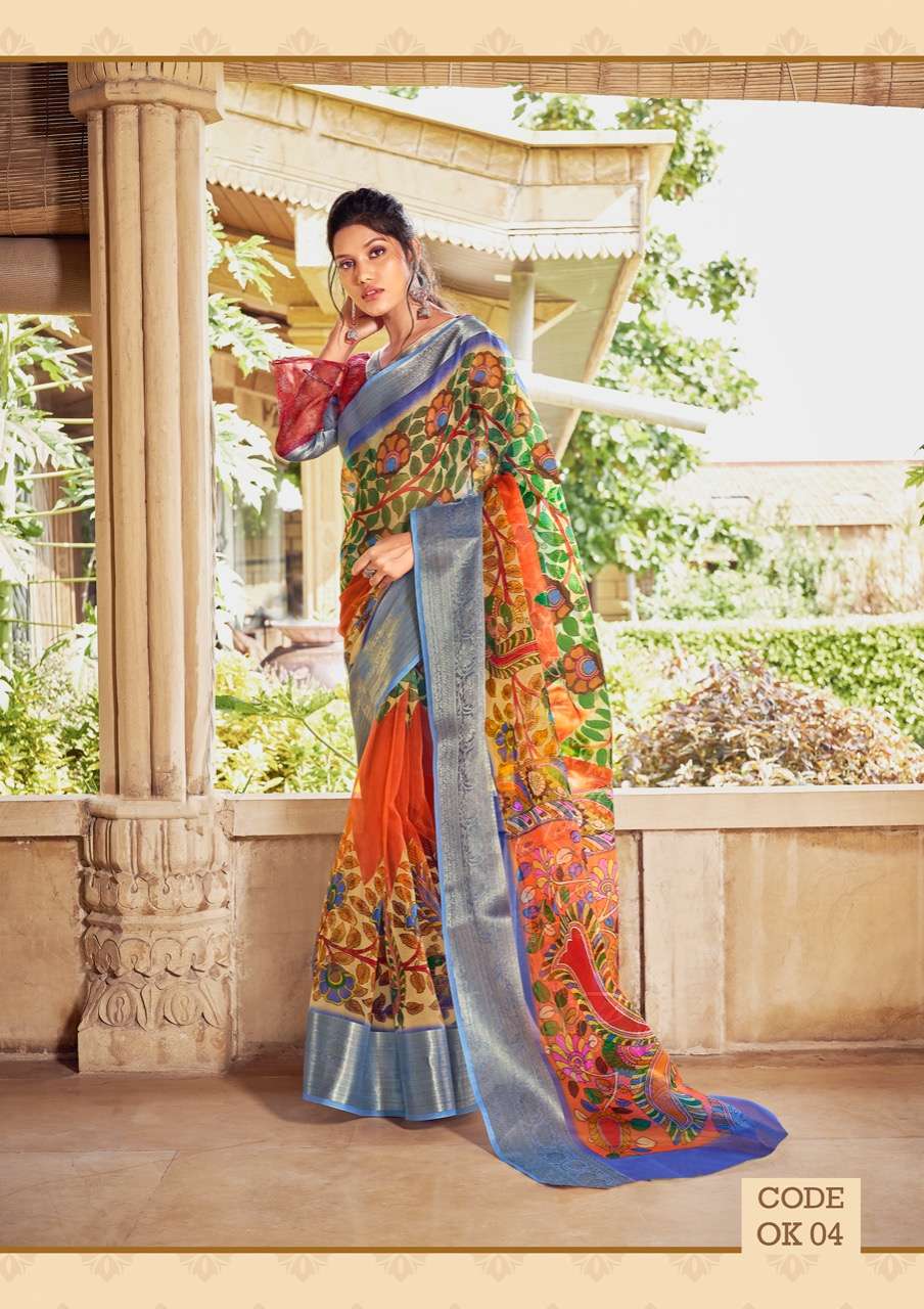 ORGANZA KALAMKARI BY SHVETAMBAR CREATION 01 TO 08 SERIES INDIAN TRADITIONAL WEAR COLLECTION BEAUTIFUL STYLISH FANCY COLORFUL PARTY WEAR & OCCASIONAL WEAR ORGANZA SILK SAREES AT WHOLESALE PRICE