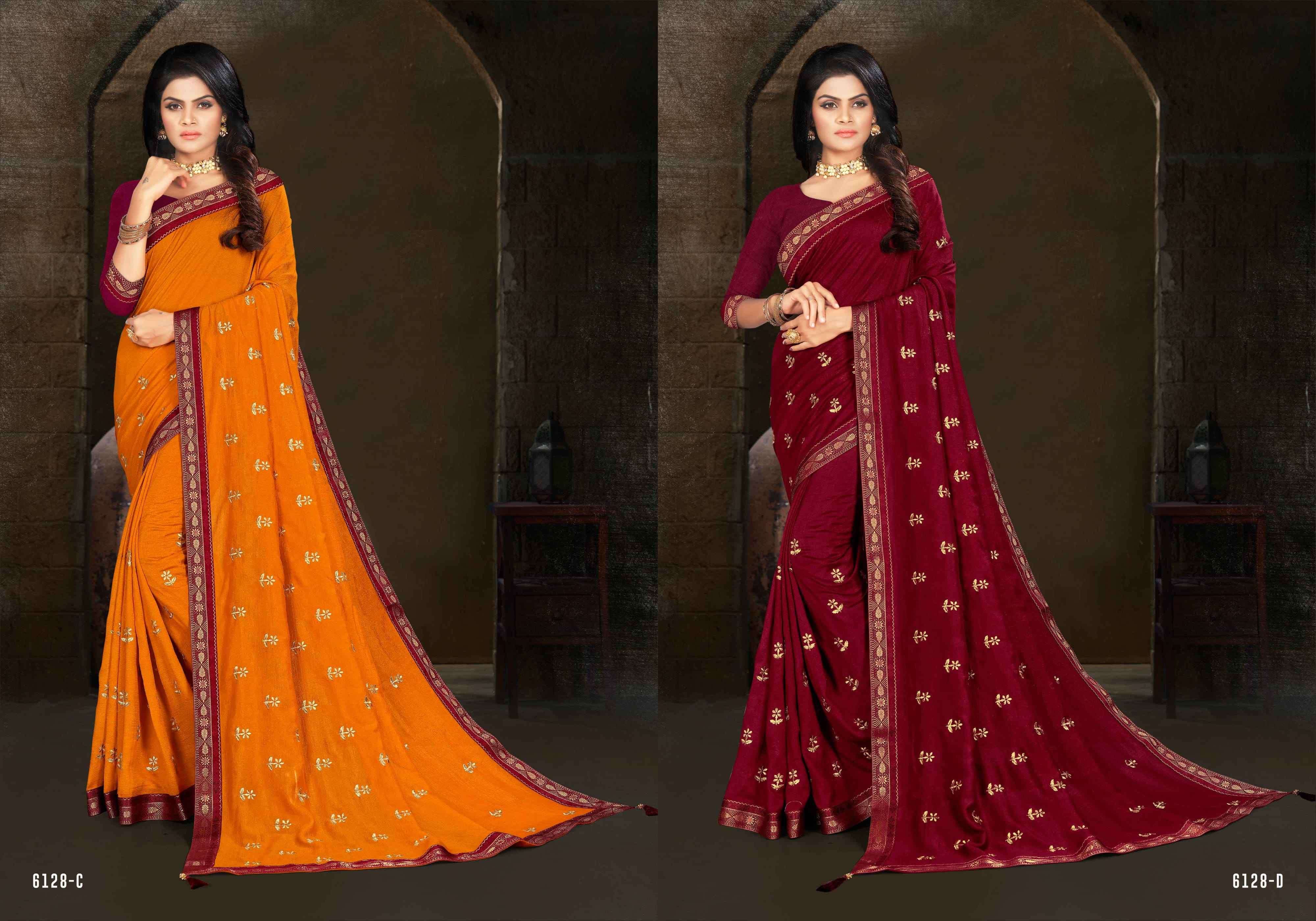NARIYAL PEDA BY INDIAN WOMEN 6128-A TO 6128-H SERIES INDIAN TRADITIONAL WEAR COLLECTION BEAUTIFUL STYLISH FANCY COLORFUL PARTY WEAR & OCCASIONAL WEAR VICHITRA SILK SAREES AT WHOLESALE PRICE