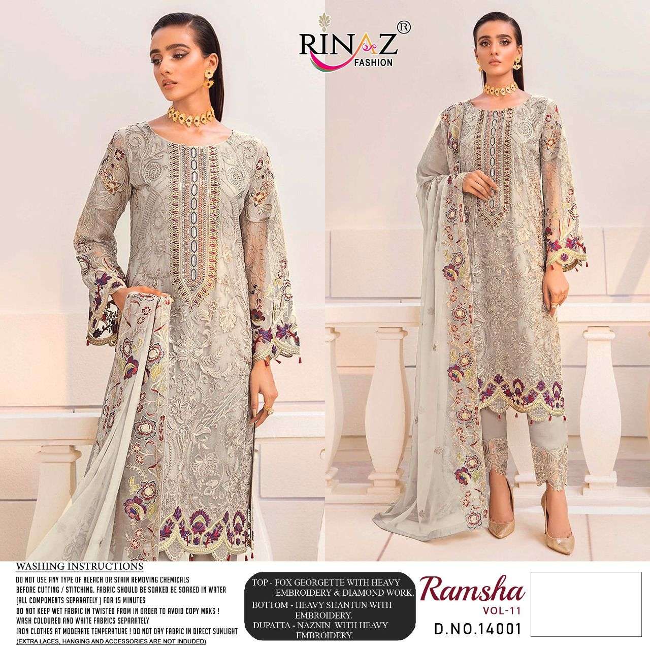 RAMSHA VOL-11 BY RINAZ FASHION 14001 TO 14004 SERIES PAKISTANI SUITS BEAUTIFUL FANCY COLORFUL STYLISH PARTY WEAR & OCCASIONAL WEAR FAUX GEORGETTE EMBROIDERED DRESSES AT WHOLESALE PRICE