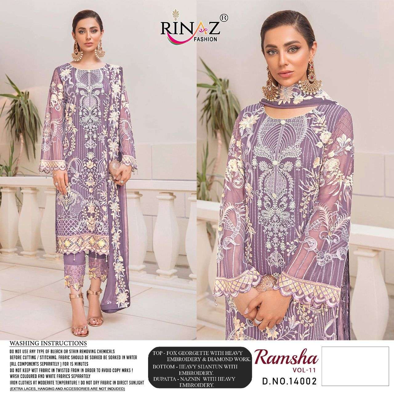 RAMSHA VOL-11 BY RINAZ FASHION 14001 TO 14004 SERIES PAKISTANI SUITS BEAUTIFUL FANCY COLORFUL STYLISH PARTY WEAR & OCCASIONAL WEAR FAUX GEORGETTE EMBROIDERED DRESSES AT WHOLESALE PRICE