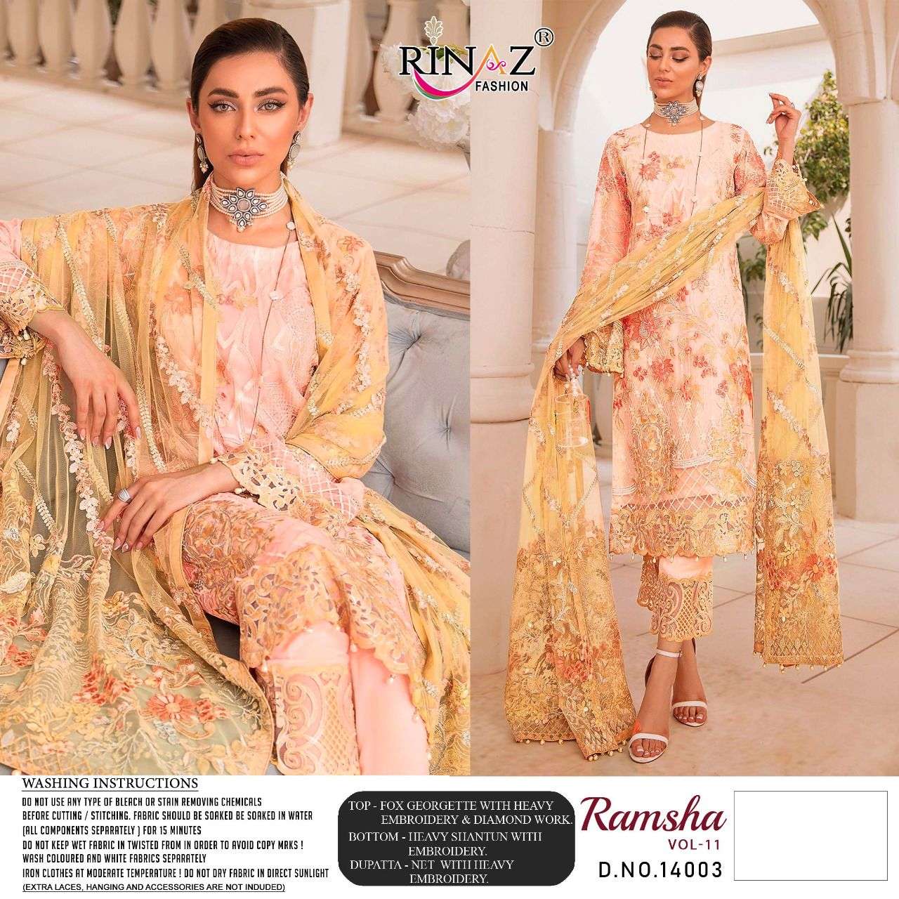 RAMSHA VOL-11 BY RINAZ FASHION 14001 TO 14004 SERIES PAKISTANI SUITS BEAUTIFUL FANCY COLORFUL STYLISH PARTY WEAR & OCCASIONAL WEAR FAUX GEORGETTE EMBROIDERED DRESSES AT WHOLESALE PRICE
