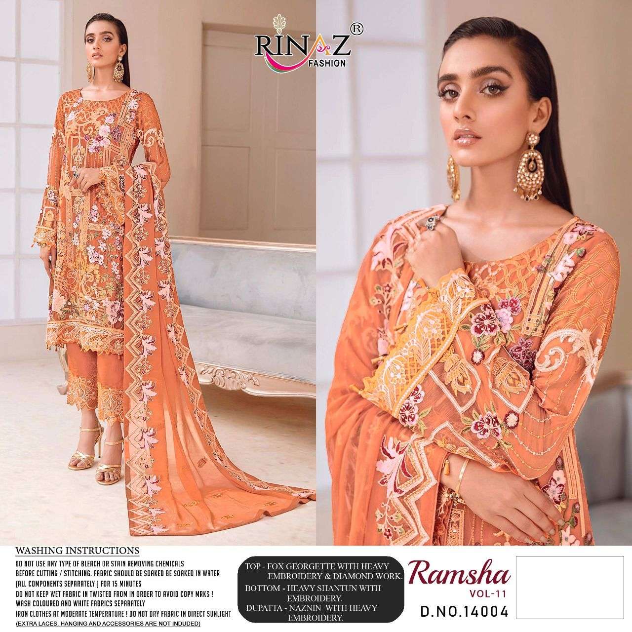 RAMSHA VOL-11 BY RINAZ FASHION 14001 TO 14004 SERIES PAKISTANI SUITS BEAUTIFUL FANCY COLORFUL STYLISH PARTY WEAR & OCCASIONAL WEAR FAUX GEORGETTE EMBROIDERED DRESSES AT WHOLESALE PRICE