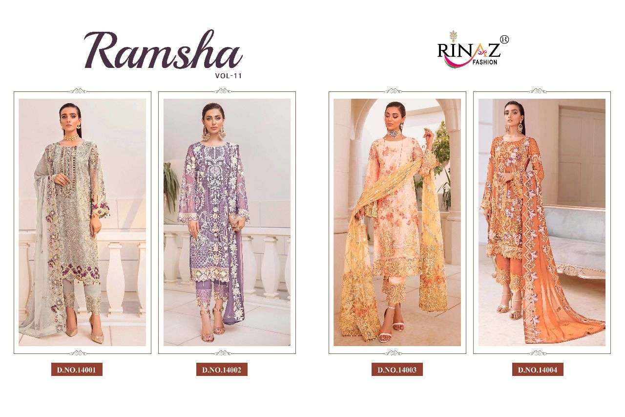 RAMSHA VOL-11 BY RINAZ FASHION 14001 TO 14004 SERIES PAKISTANI SUITS BEAUTIFUL FANCY COLORFUL STYLISH PARTY WEAR & OCCASIONAL WEAR FAUX GEORGETTE EMBROIDERED DRESSES AT WHOLESALE PRICE