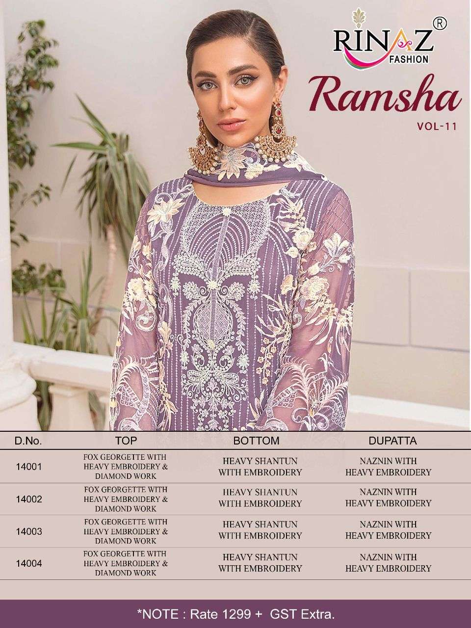RAMSHA VOL-11 BY RINAZ FASHION 14001 TO 14004 SERIES PAKISTANI SUITS BEAUTIFUL FANCY COLORFUL STYLISH PARTY WEAR & OCCASIONAL WEAR FAUX GEORGETTE EMBROIDERED DRESSES AT WHOLESALE PRICE