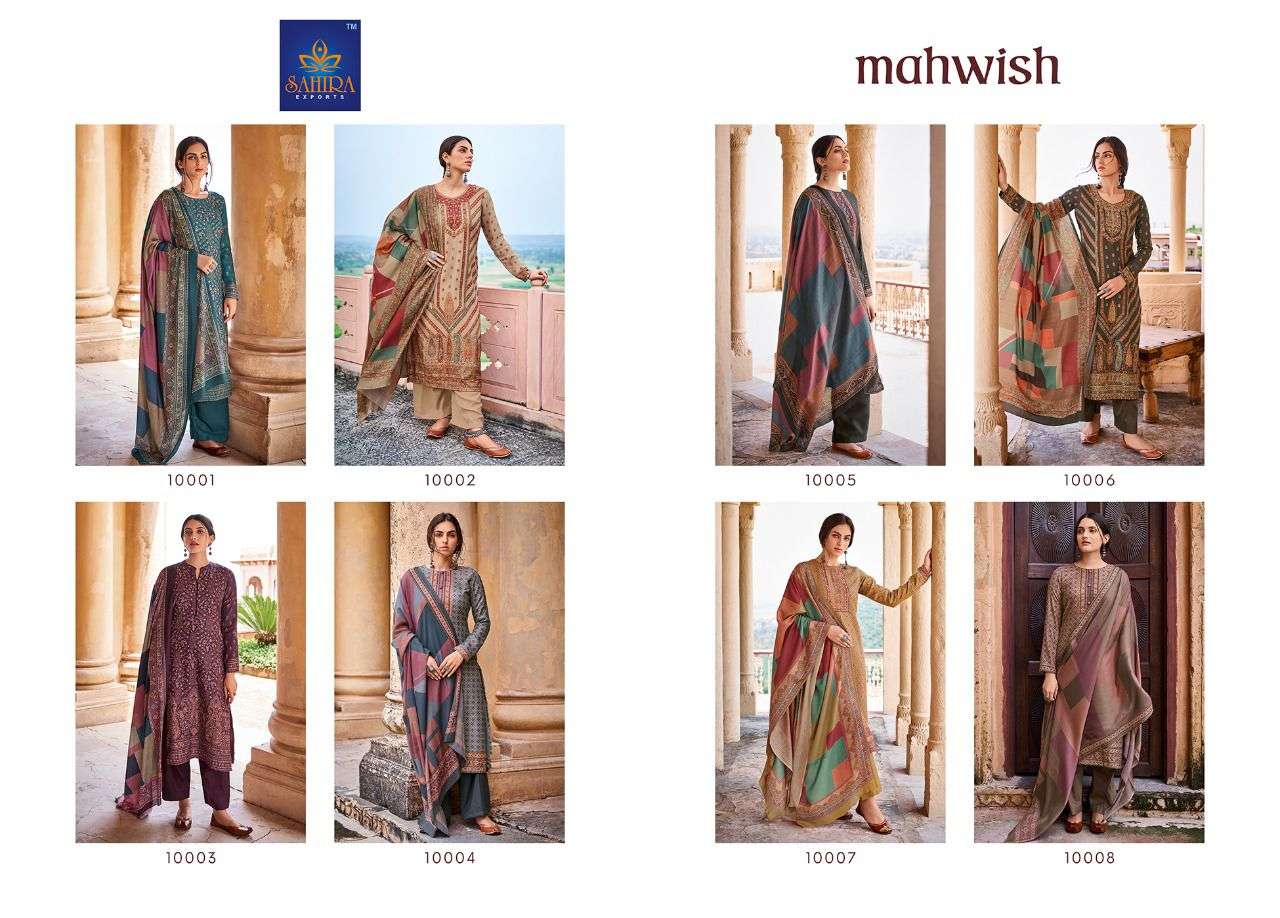 MAHWISH BY SAHIRA EXPORTS 10001 TO 10008 SERIES BEAUTIFUL STYLISH SUITS FANCY COLORFUL CASUAL WEAR & ETHNIC WEAR & READY TO WEAR PASHMINA DOBBY PRINTED DRESSES AT WHOLESALE PRICE
