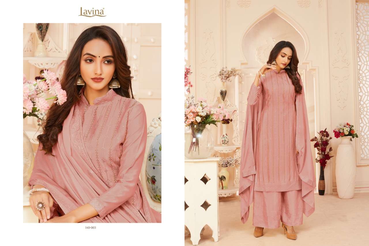 LAVINA VOL-140 BY LAVINA 140-001 TO 140-004 SERIES BEAUTIFUL SHARARA SUITS STYLISH FANCY COLORFUL CASUAL WEAR & ETHNIC WEAR CHINNON EMBROIDERED DRESSES AT WHOLESALE PRICE