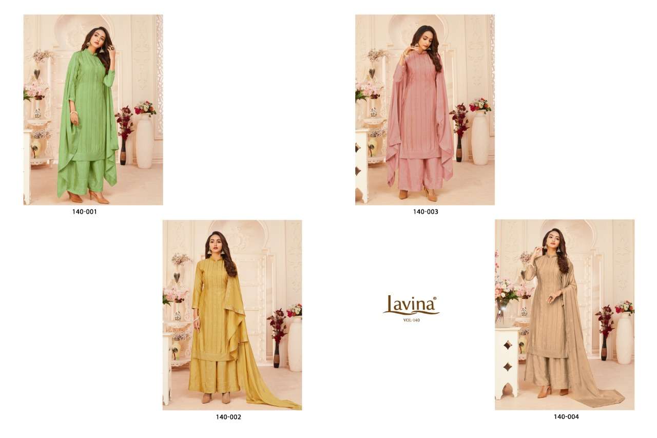 LAVINA VOL-140 BY LAVINA 140-001 TO 140-004 SERIES BEAUTIFUL SHARARA SUITS STYLISH FANCY COLORFUL CASUAL WEAR & ETHNIC WEAR CHINNON EMBROIDERED DRESSES AT WHOLESALE PRICE