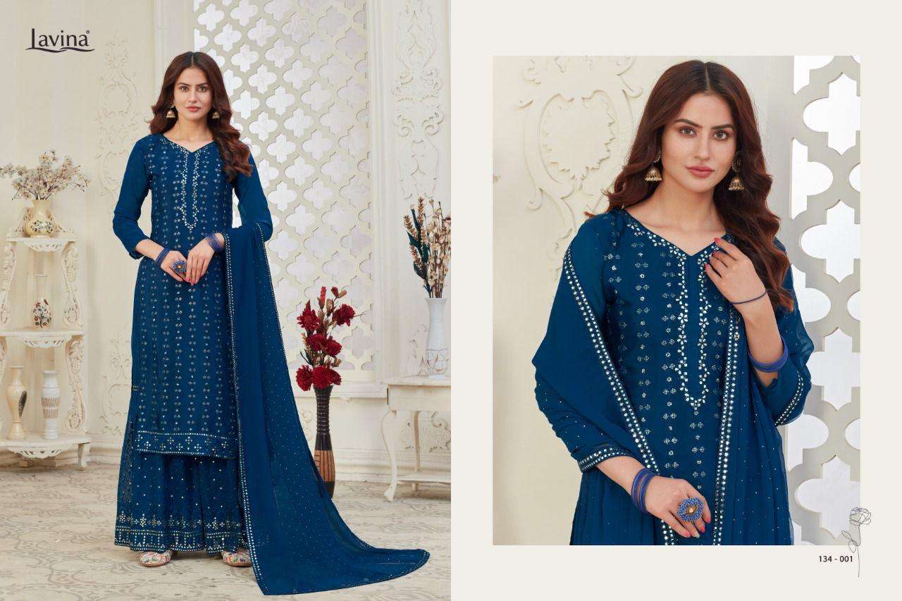 LAVINA VOL-134 BY LAVINA 134-001 TO 134-004 SERIES BEAUTIFUL SHARARA SUITS STYLISH FANCY COLORFUL CASUAL WEAR & ETHNIC WEAR CHINNON EMBROIDERED DRESSES AT WHOLESALE PRICE