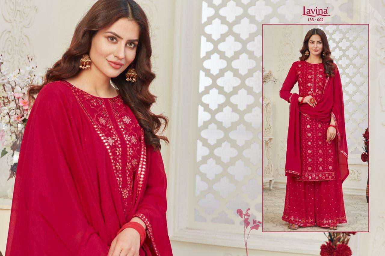LAVINA VOL 133 BY LAVINA 133-001 TO 133-004 SERIES BEAUTIFUL SHARARA SUITS STYLISH FANCY COLORFUL CASUAL WEAR & ETHNIC WEAR CHINNON EMBROIDERED DRESSES AT WHOLESALE PRICE