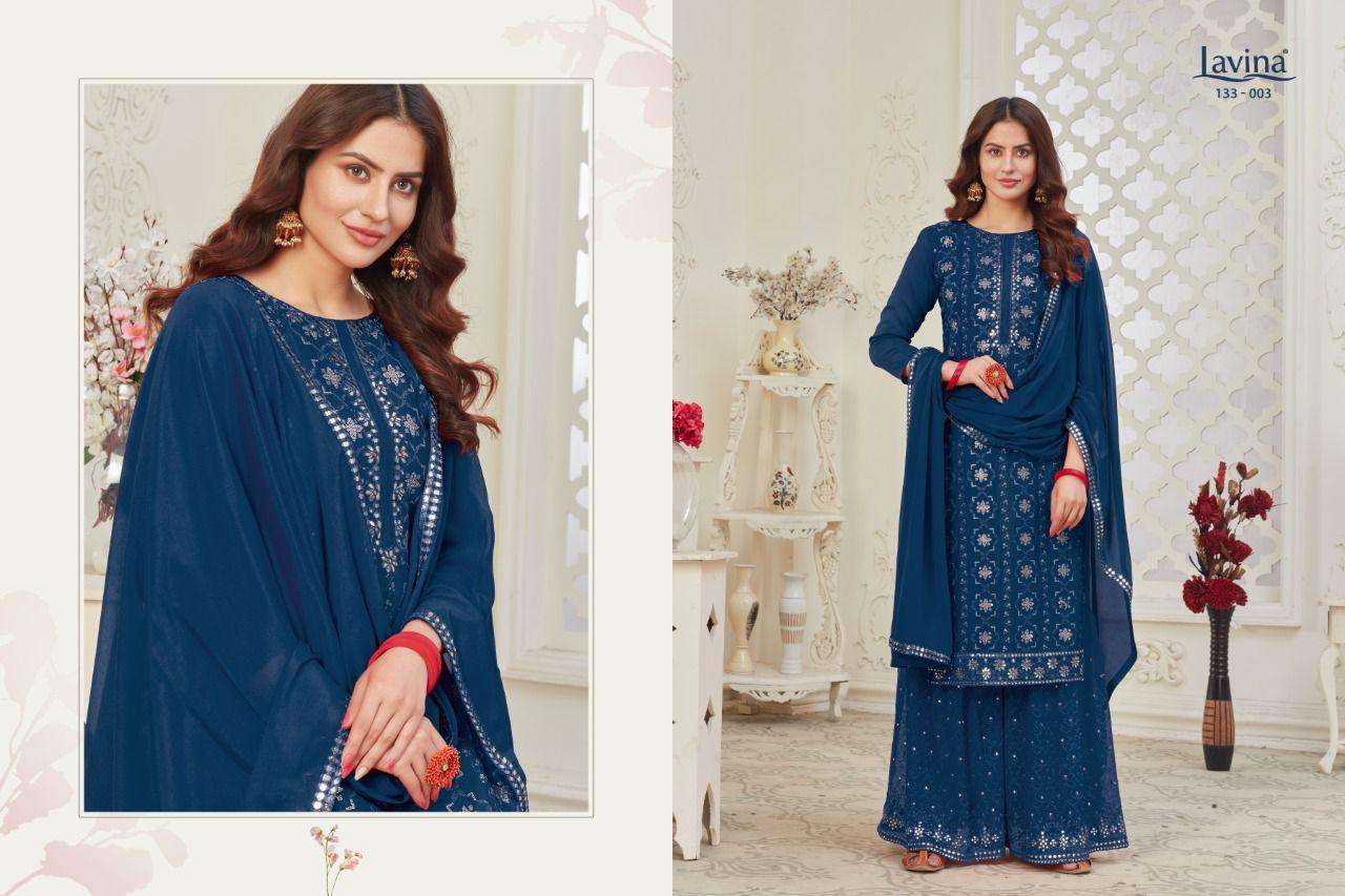 LAVINA VOL 133 BY LAVINA 133-001 TO 133-004 SERIES BEAUTIFUL SHARARA SUITS STYLISH FANCY COLORFUL CASUAL WEAR & ETHNIC WEAR CHINNON EMBROIDERED DRESSES AT WHOLESALE PRICE