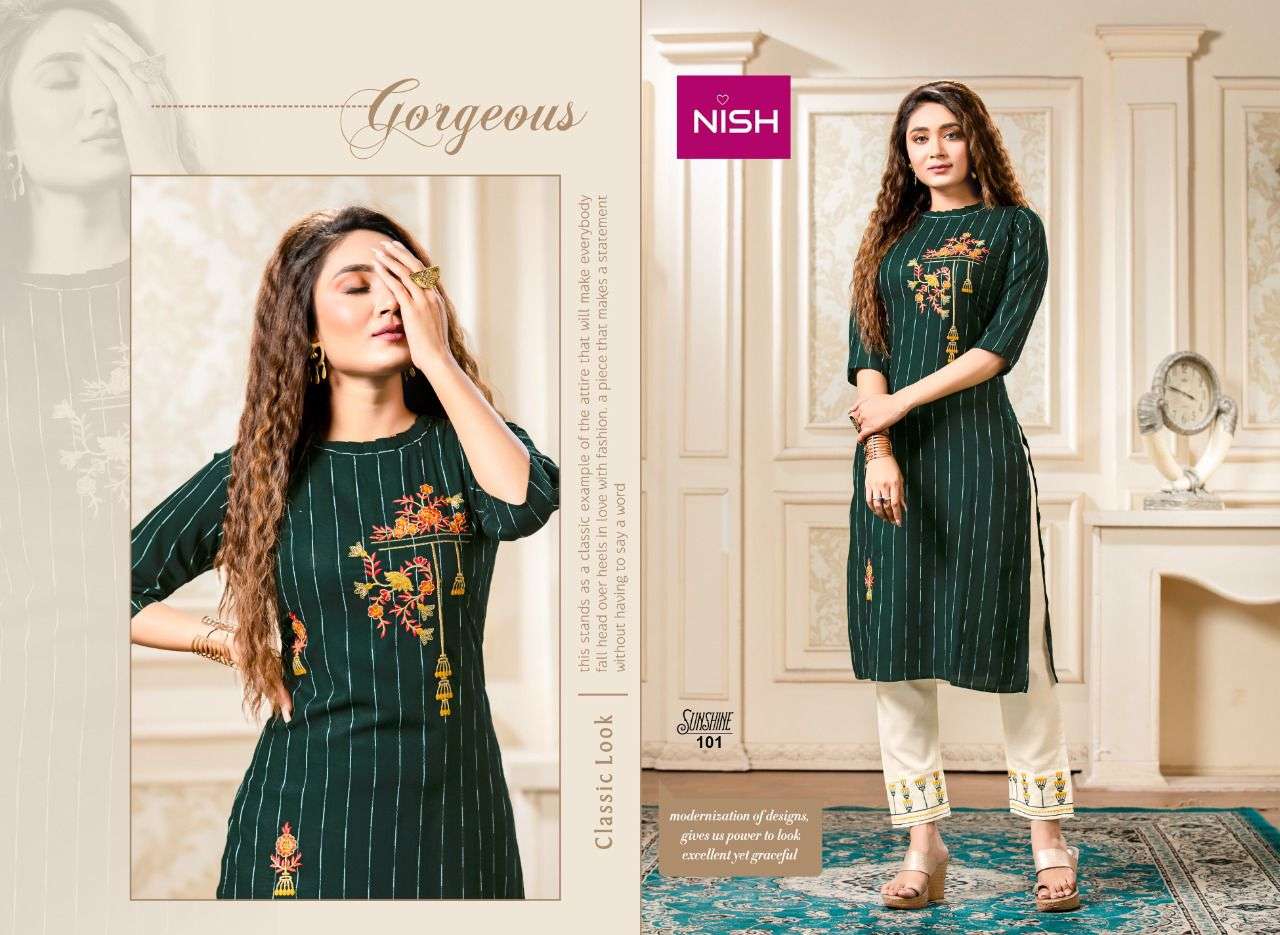 SUNSHINE BY NISH 101 TO 106 SERIES DESIGNER STYLISH FANCY COLORFUL BEAUTIFUL PARTY WEAR & ETHNIC WEAR COLLECTION RAYON KURTIS WITH BOTTOM AT WHOLESALE PRICE