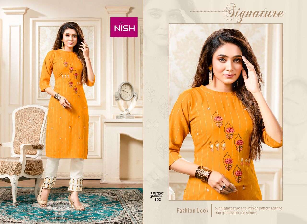 SUNSHINE BY NISH 101 TO 106 SERIES DESIGNER STYLISH FANCY COLORFUL BEAUTIFUL PARTY WEAR & ETHNIC WEAR COLLECTION RAYON KURTIS WITH BOTTOM AT WHOLESALE PRICE