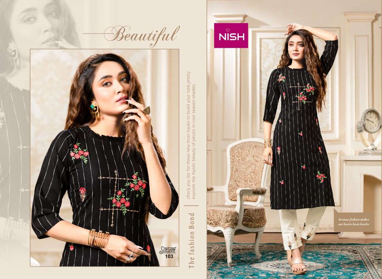 SUNSHINE BY NISH 101 TO 106 SERIES DESIGNER STYLISH FANCY COLORFUL BEAUTIFUL PARTY WEAR & ETHNIC WEAR COLLECTION RAYON KURTIS WITH BOTTOM AT WHOLESALE PRICE