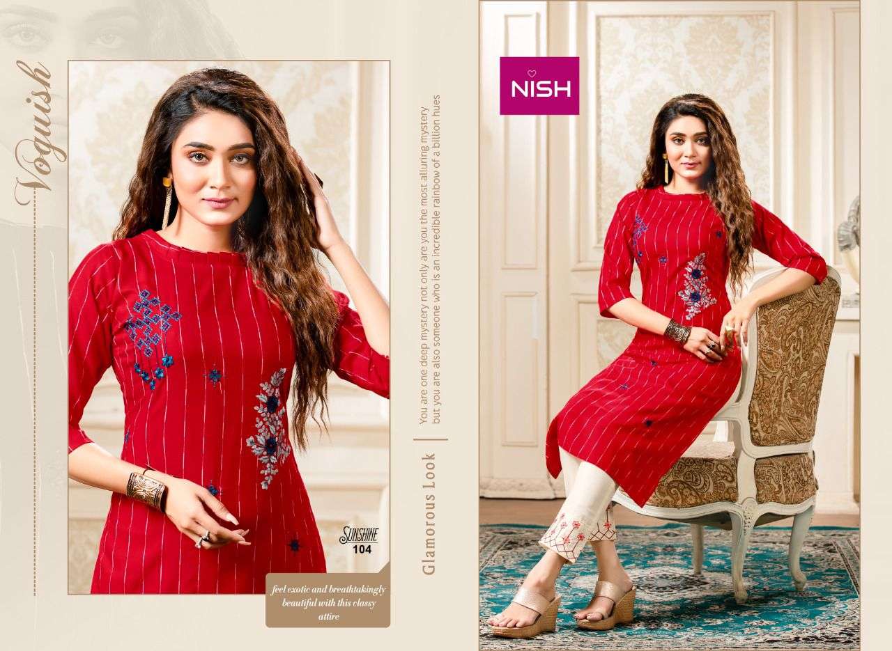 SUNSHINE BY NISH 101 TO 106 SERIES DESIGNER STYLISH FANCY COLORFUL BEAUTIFUL PARTY WEAR & ETHNIC WEAR COLLECTION RAYON KURTIS WITH BOTTOM AT WHOLESALE PRICE