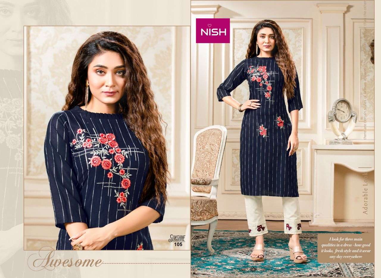 SUNSHINE BY NISH 101 TO 106 SERIES DESIGNER STYLISH FANCY COLORFUL BEAUTIFUL PARTY WEAR & ETHNIC WEAR COLLECTION RAYON KURTIS WITH BOTTOM AT WHOLESALE PRICE