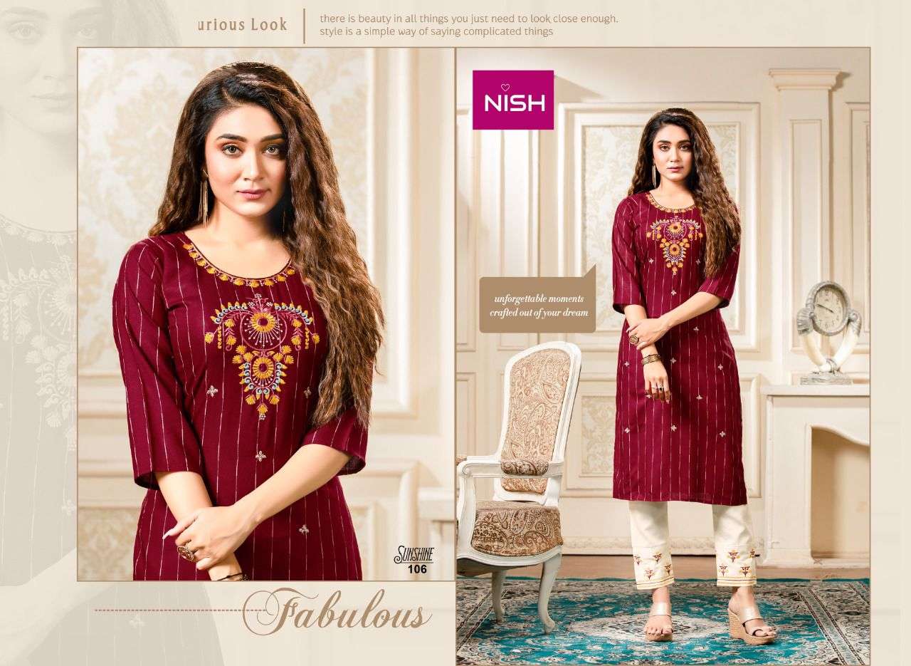 SUNSHINE BY NISH 101 TO 106 SERIES DESIGNER STYLISH FANCY COLORFUL BEAUTIFUL PARTY WEAR & ETHNIC WEAR COLLECTION RAYON KURTIS WITH BOTTOM AT WHOLESALE PRICE