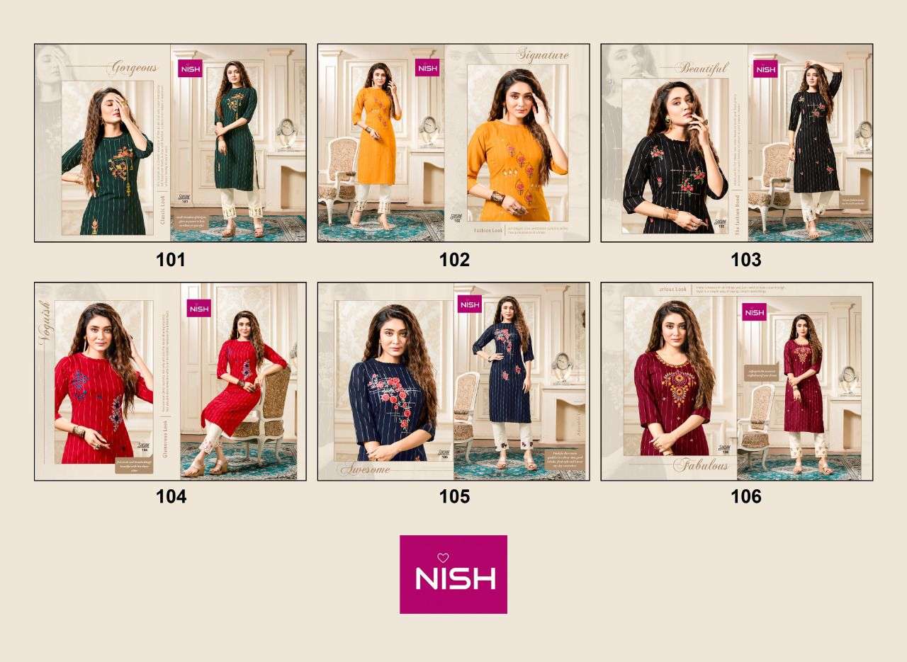 SUNSHINE BY NISH 101 TO 106 SERIES DESIGNER STYLISH FANCY COLORFUL BEAUTIFUL PARTY WEAR & ETHNIC WEAR COLLECTION RAYON KURTIS WITH BOTTOM AT WHOLESALE PRICE