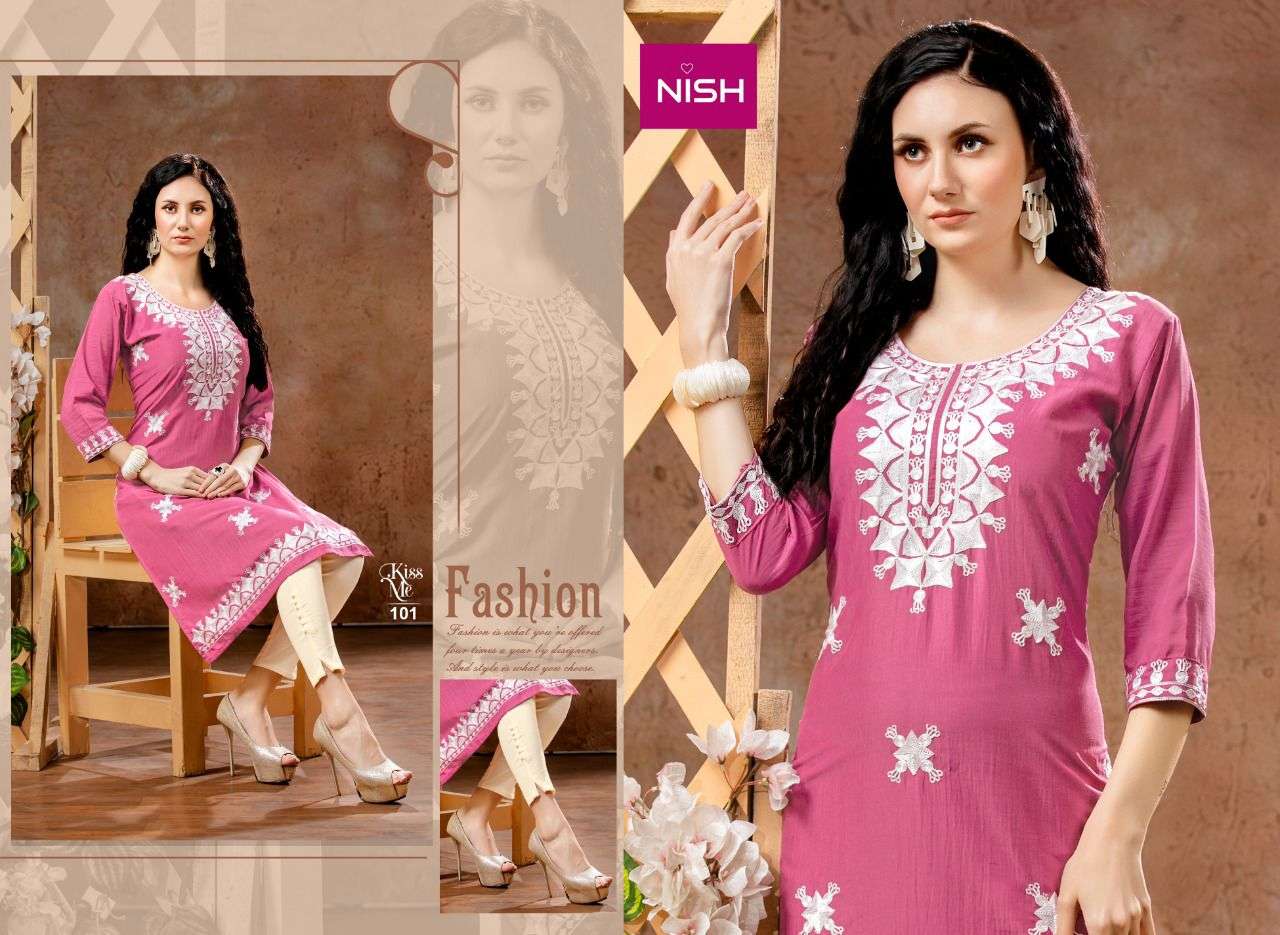KISS ME BY NISH 101 TO 106 SERIES DESIGNER STYLISH FANCY COLORFUL BEAUTIFUL PARTY WEAR & ETHNIC WEAR COLLECTION CHINNON KURTIS WITH BOTTOM AT WHOLESALE PRICE