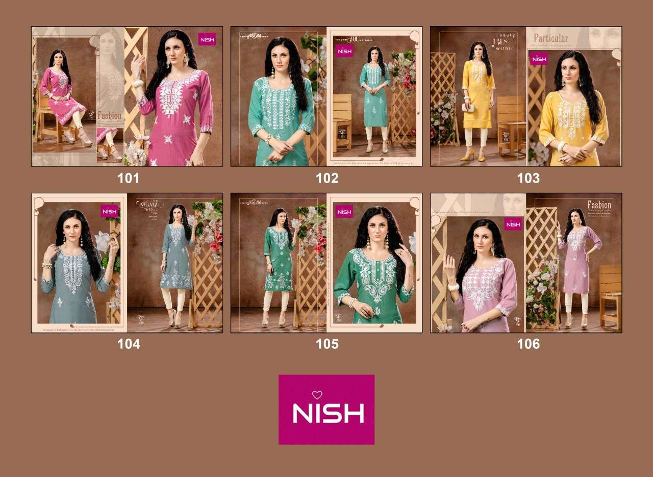 KISS ME BY NISH 101 TO 106 SERIES DESIGNER STYLISH FANCY COLORFUL BEAUTIFUL PARTY WEAR & ETHNIC WEAR COLLECTION CHINNON KURTIS WITH BOTTOM AT WHOLESALE PRICE