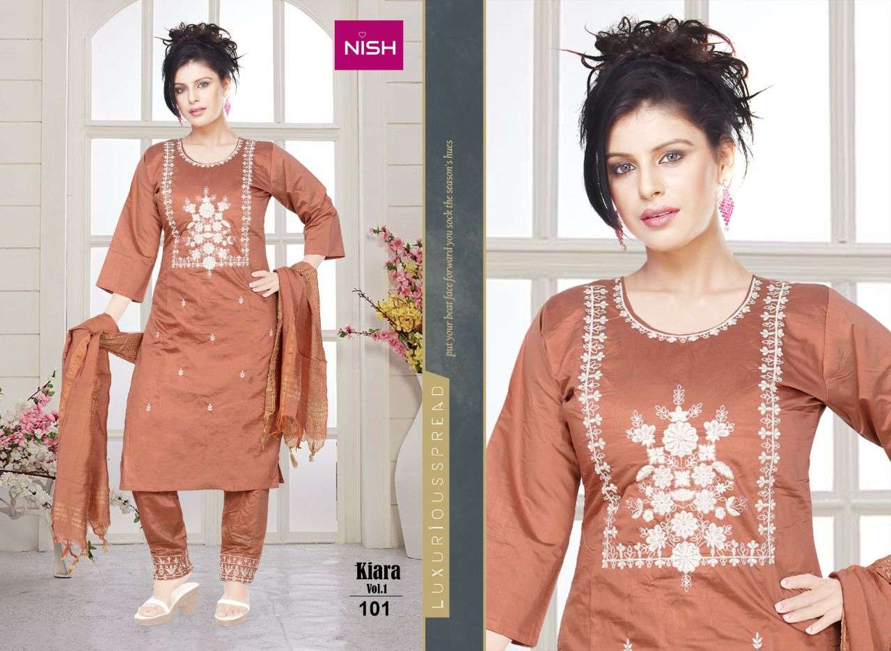 KIARA VOL-1 BY NISH 101 TO 106 SERIES BEAUTIFUL SUITS COLORFUL STYLISH FANCY CASUAL WEAR & ETHNIC WEAR CHANDERI DRESSES AT WHOLESALE PRICE