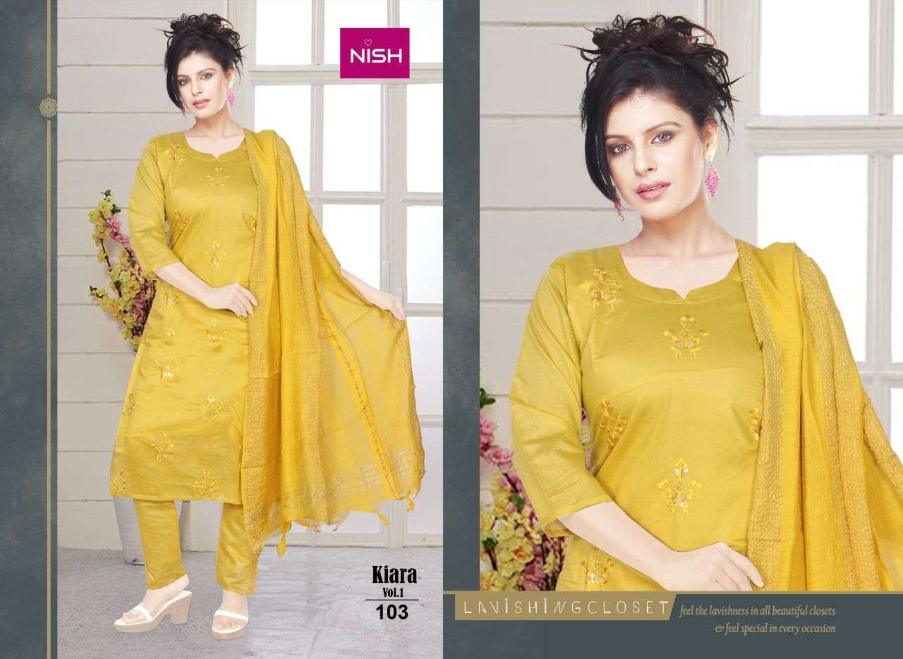 KIARA VOL-1 BY NISH 101 TO 106 SERIES BEAUTIFUL SUITS COLORFUL STYLISH FANCY CASUAL WEAR & ETHNIC WEAR CHANDERI DRESSES AT WHOLESALE PRICE