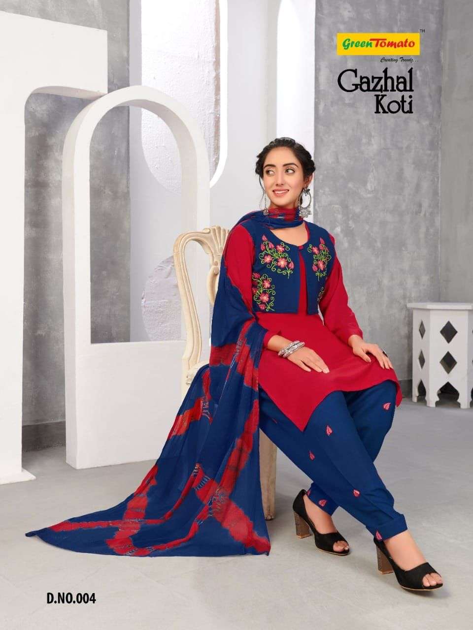 GAZHAL KOTI BY GREEN TOMATO 001 TO 008 SERIES BEAUTIFUL PATIALA SUITS COLORFUL STYLISH FANCY CASUAL WEAR & ETHNIC WEAR HEAVY RAYON EMBROIDERED DRESSES AT WHOLESALE PRICE