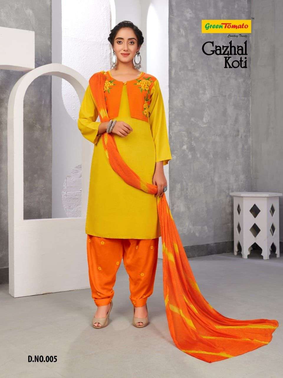 GAZHAL KOTI BY GREEN TOMATO 001 TO 008 SERIES BEAUTIFUL PATIALA SUITS COLORFUL STYLISH FANCY CASUAL WEAR & ETHNIC WEAR HEAVY RAYON EMBROIDERED DRESSES AT WHOLESALE PRICE