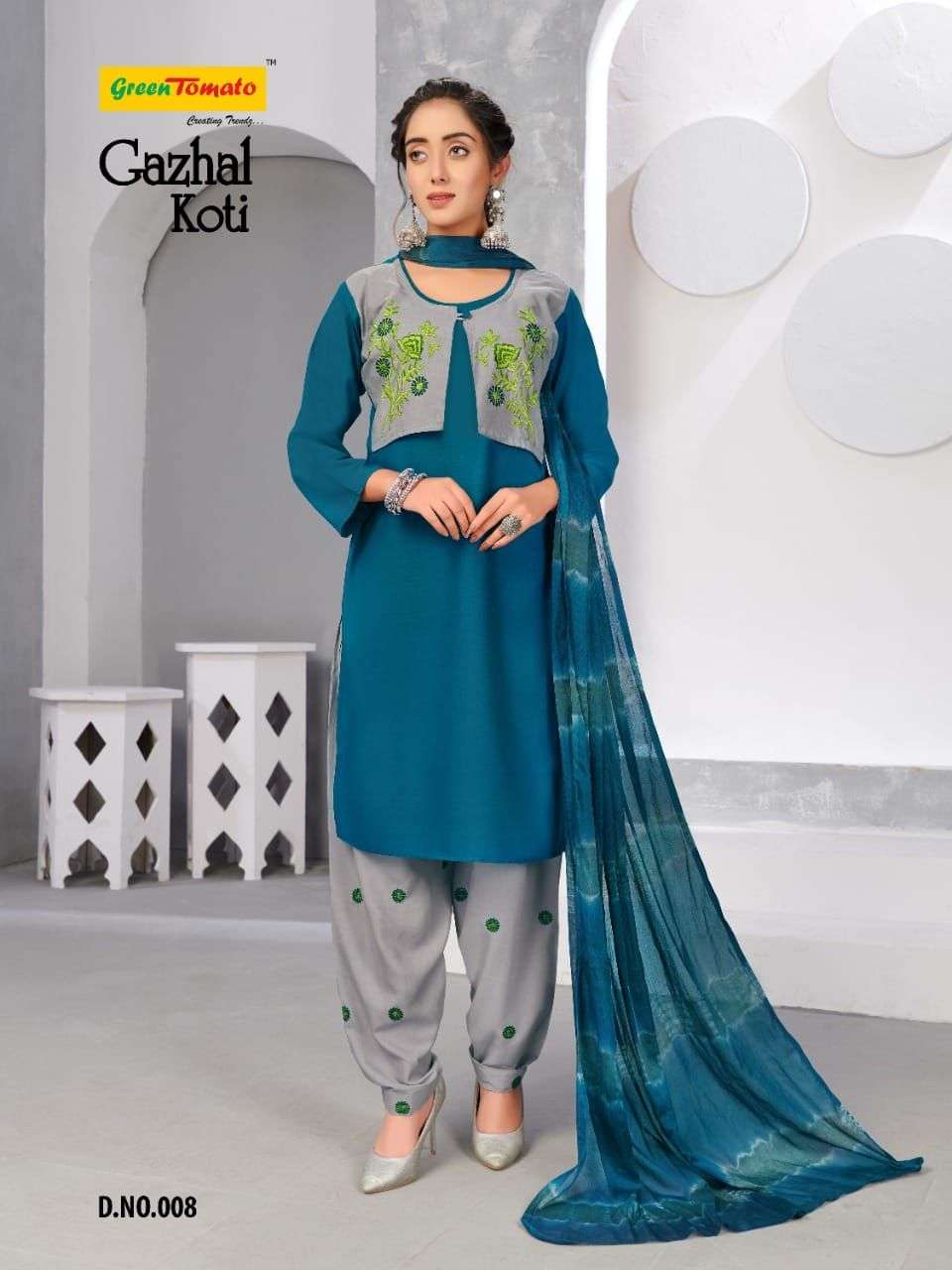 GAZHAL KOTI BY GREEN TOMATO 001 TO 008 SERIES BEAUTIFUL PATIALA SUITS COLORFUL STYLISH FANCY CASUAL WEAR & ETHNIC WEAR HEAVY RAYON EMBROIDERED DRESSES AT WHOLESALE PRICE