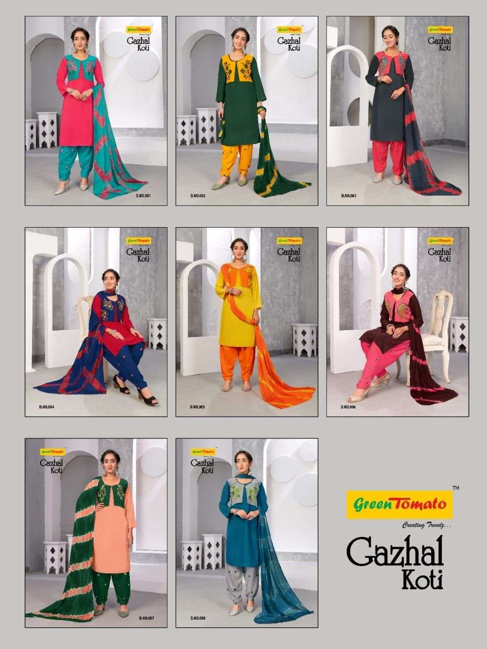 GAZHAL KOTI BY GREEN TOMATO 001 TO 008 SERIES BEAUTIFUL PATIALA SUITS COLORFUL STYLISH FANCY CASUAL WEAR & ETHNIC WEAR HEAVY RAYON EMBROIDERED DRESSES AT WHOLESALE PRICE