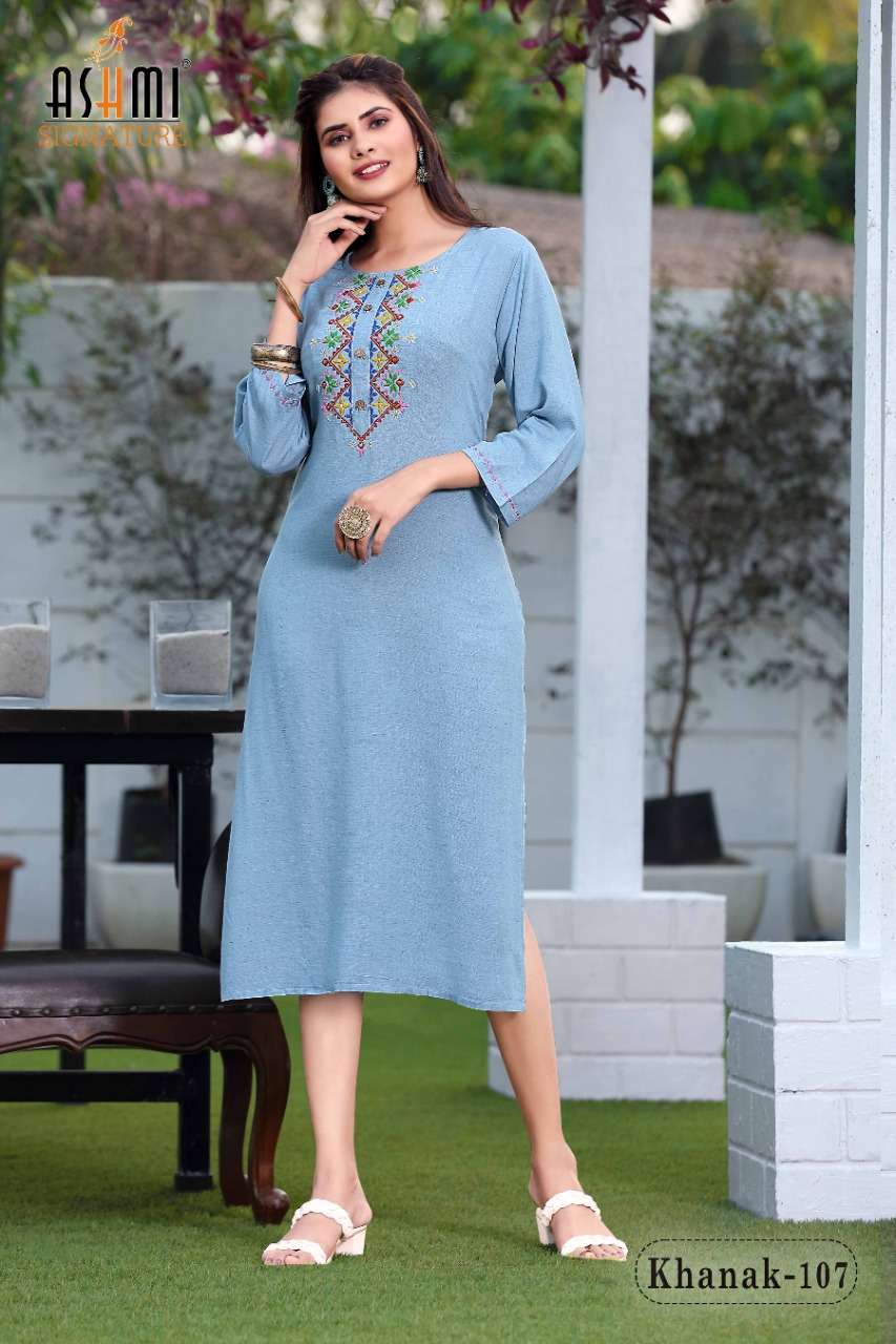 KHANAK BY ASHMI 101 TO 110 SERIES DESIGNER STYLISH FANCY COLORFUL BEAUTIFUL PARTY WEAR & ETHNIC WEAR COLLECTION RAYON EMBROIDERY KURTIS AT WHOLESALE PRICE