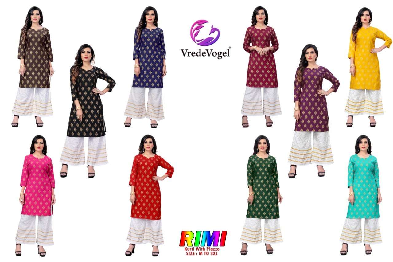 RIMI BY VREDE VOGEL 101 TO 110 SERIES DESIGNER STYLISH FANCY COLORFUL BEAUTIFUL PARTY WEAR & ETHNIC WEAR COLLECTION HEAVY RAYON FOIL PRINT KURTIS WITH BOTTOM AT WHOLESALE PRICE