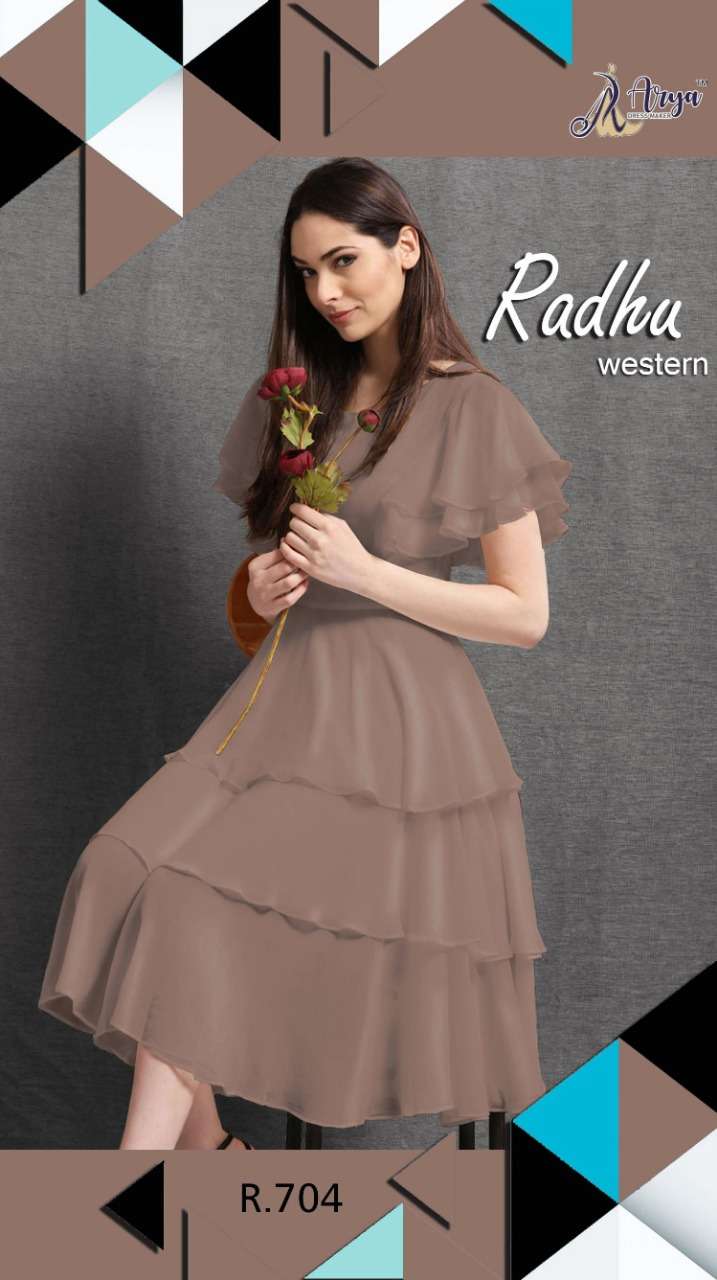 RADHU BY ARYA DRESS MAKER 701 TO 706 SERIES DESIGNER STYLISH FANCY COLORFUL BEAUTIFUL PARTY WEAR & ETHNIC WEAR COLLECTION FAUX GEORGETTE KURTIS AT WHOLESALE PRICE