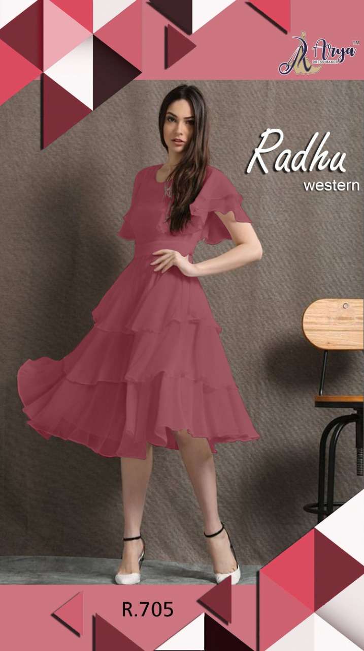 RADHU BY ARYA DRESS MAKER 701 TO 706 SERIES DESIGNER STYLISH FANCY COLORFUL BEAUTIFUL PARTY WEAR & ETHNIC WEAR COLLECTION FAUX GEORGETTE KURTIS AT WHOLESALE PRICE