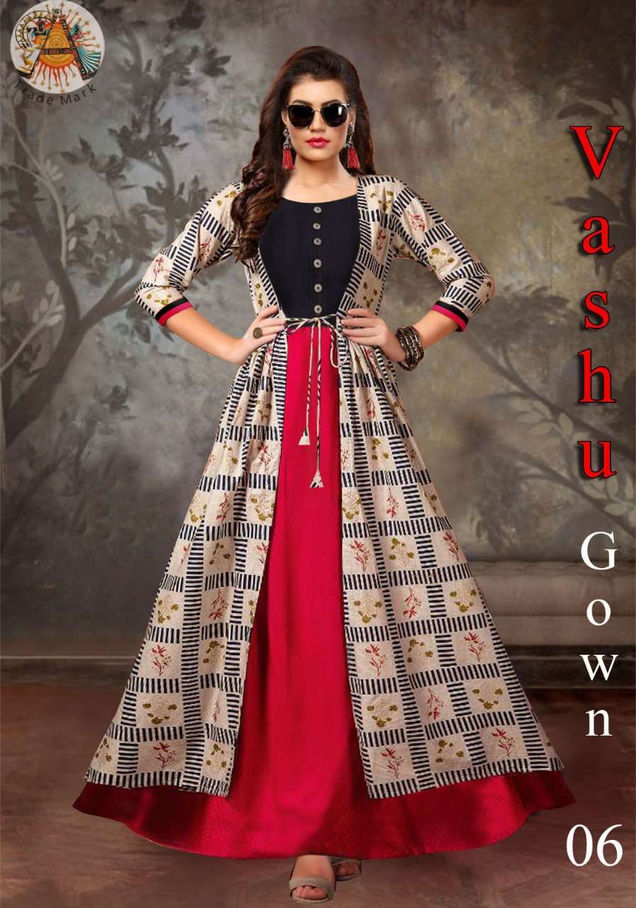 VASHU BY ARYA DRESS MAKER 01 TO 06 SERIES BEAUTIFUL STYLISH FANCY COLORFUL CASUAL WEAR & ETHNIC WEAR RAYON COTTON GOWNS WITH KOTI AT WHOLESALE PRICE