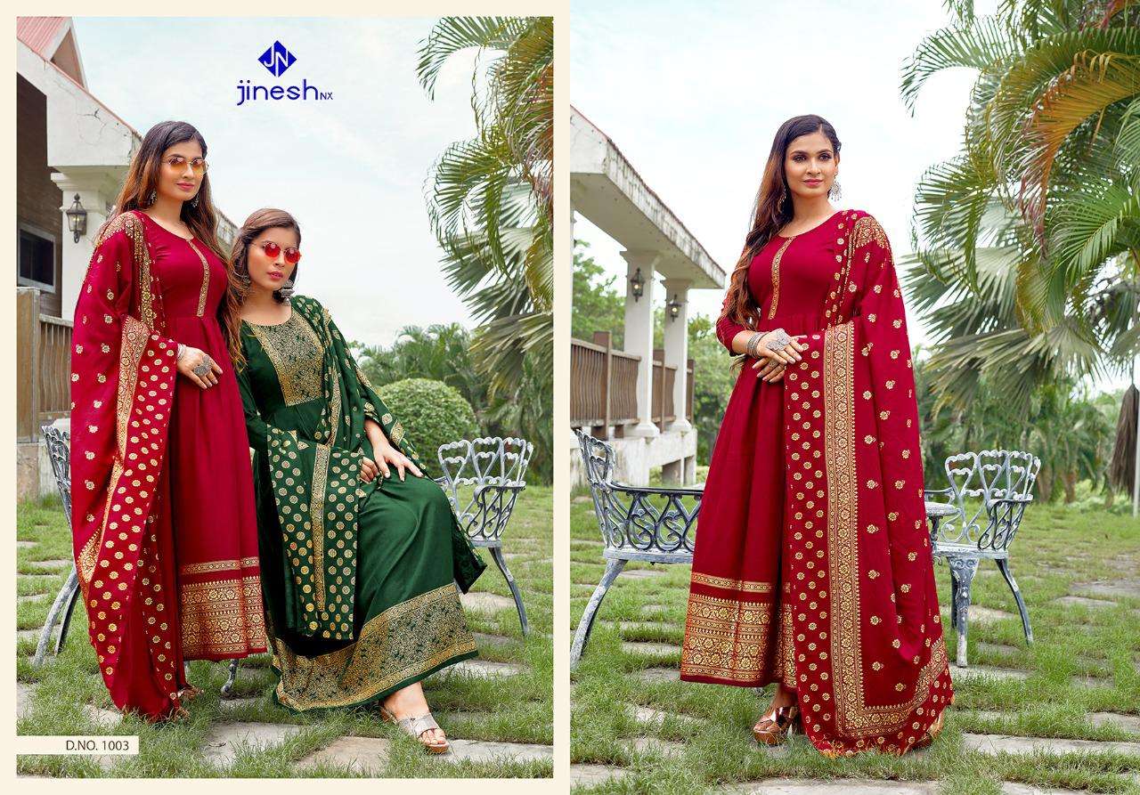 AKANSHA BY JINESH NX 1001 TO 1006 SERIES BEAUTIFUL STYLISH FANCY COLORFUL CASUAL WEAR & ETHNIC WEAR RAYON PRINT GOWNS WITH DUPATTA AT WHOLESALE PRICE