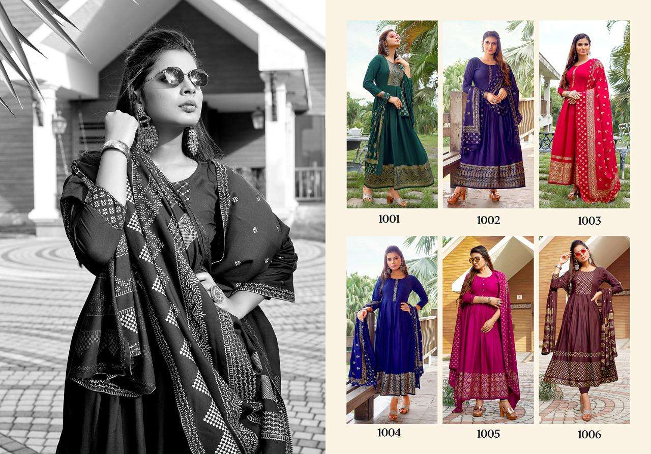 AKANSHA BY JINESH NX 1001 TO 1006 SERIES BEAUTIFUL STYLISH FANCY COLORFUL CASUAL WEAR & ETHNIC WEAR RAYON PRINT GOWNS WITH DUPATTA AT WHOLESALE PRICE