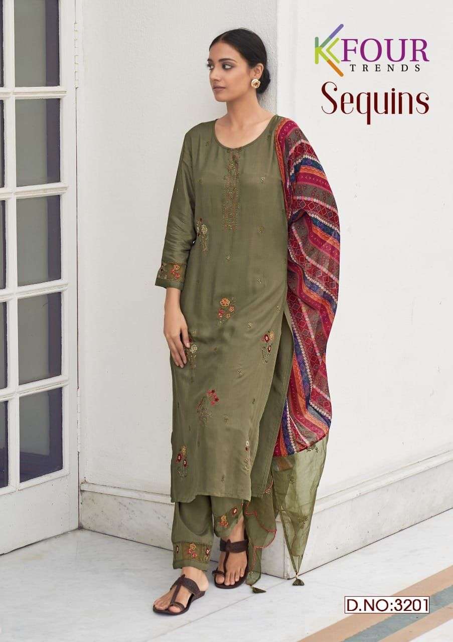 SEQUINS BY KFOUR TRENDS 3201 TO 3206 SERIES BEAUTIFUL SUITS COLORFUL STYLISH FANCY CASUAL WEAR & ETHNIC WEAR VISCOSE SILK DRESSES AT WHOLESALE PRICE