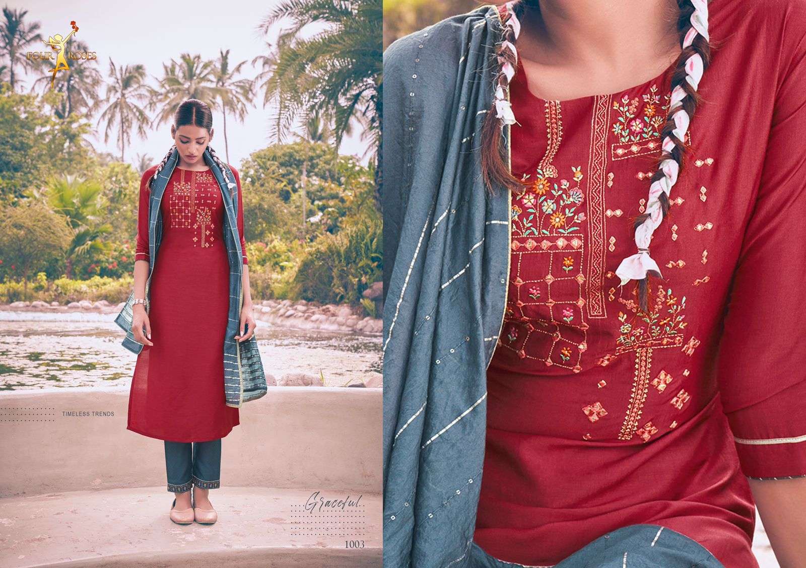 VOWS BY FOUR ROSES 1001 TO 1006 SERIES BEAUTIFUL STYLISH FANCY COLORFUL CASUAL WEAR & ETHNIC WEAR EMBROIDERED KURTIS AT WHOLESALE PRICE