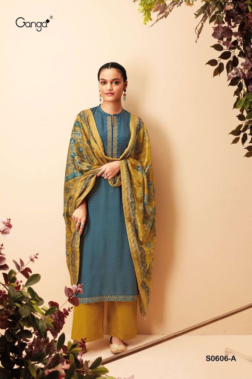 TANSY 606 BY GANGA FASHION S606-A TO S606-D SERIES BEAUTIFUL STYLISH SUITS FANCY COLORFUL CASUAL WEAR & ETHNIC WEAR & READY TO WEAR PASHMINA PRINTED DRESSES AT WHOLESALE PRICE
