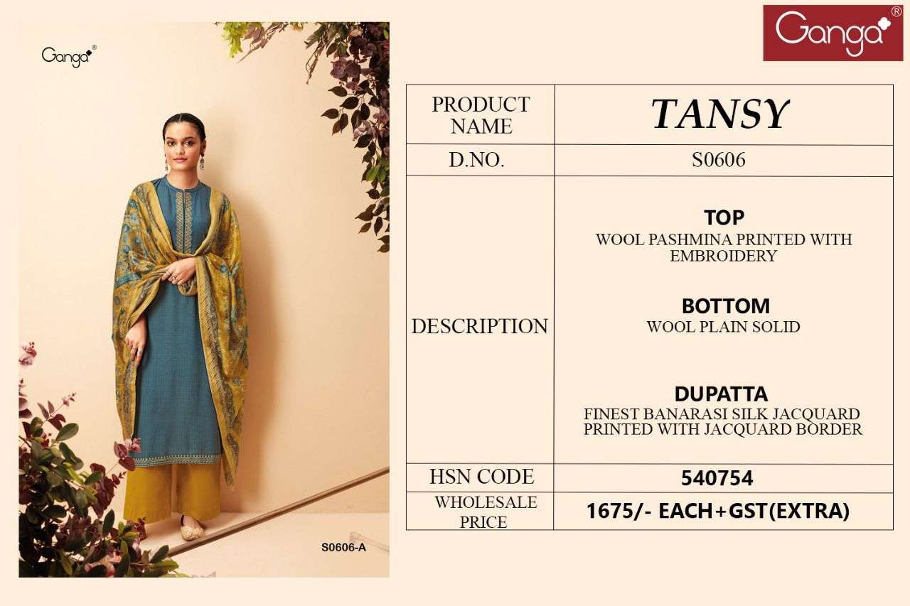 TANSY 606 BY GANGA FASHION S606-A TO S606-D SERIES BEAUTIFUL STYLISH SUITS FANCY COLORFUL CASUAL WEAR & ETHNIC WEAR & READY TO WEAR PASHMINA PRINTED DRESSES AT WHOLESALE PRICE
