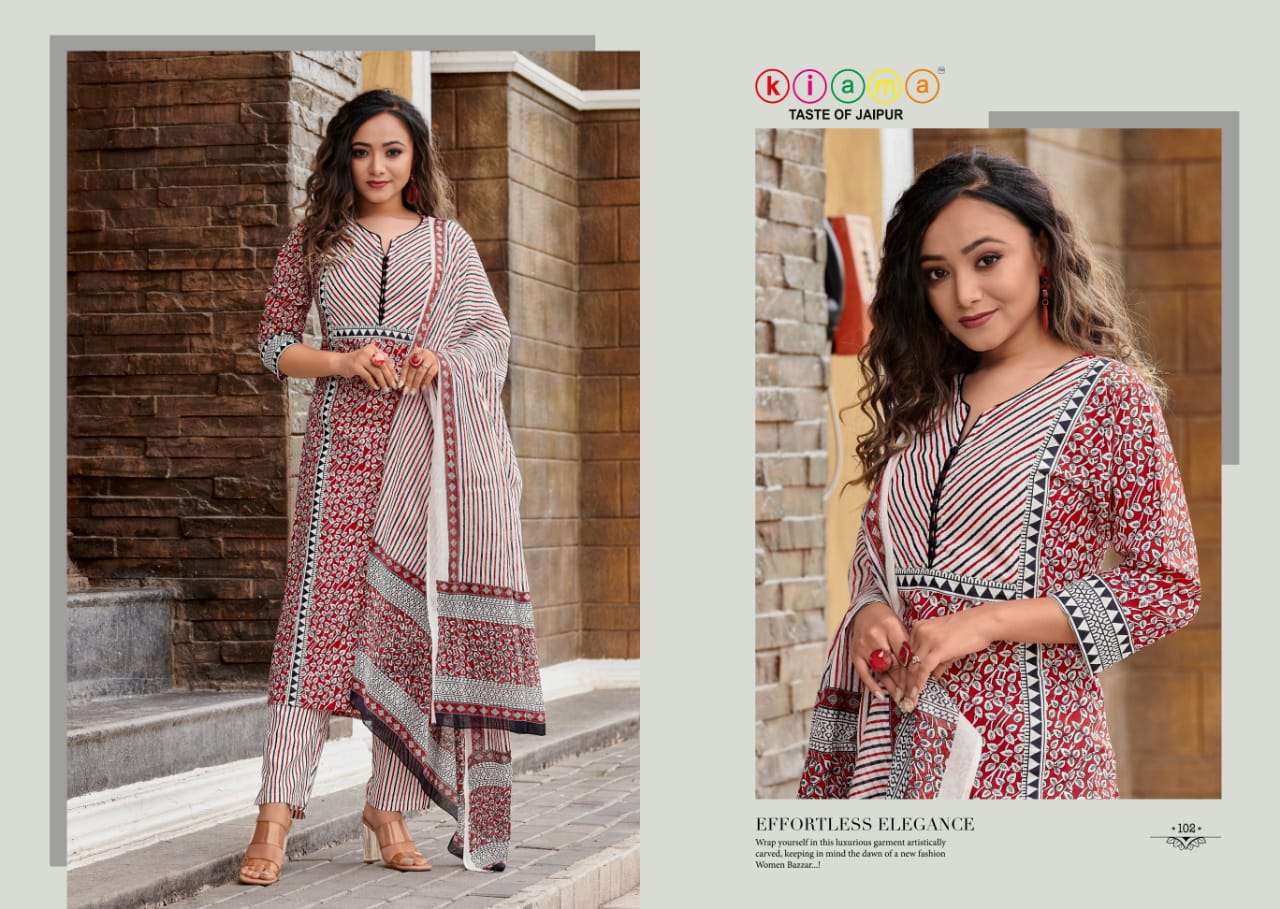 KIAMA VOL-1 BY KIAMA 101 TO 105 SERIES BEAUTIFUL SUITS COLORFUL STYLISH FANCY CASUAL WEAR & ETHNIC WEAR PURE COTTON PRINT DRESSES AT WHOLESALE PRICE